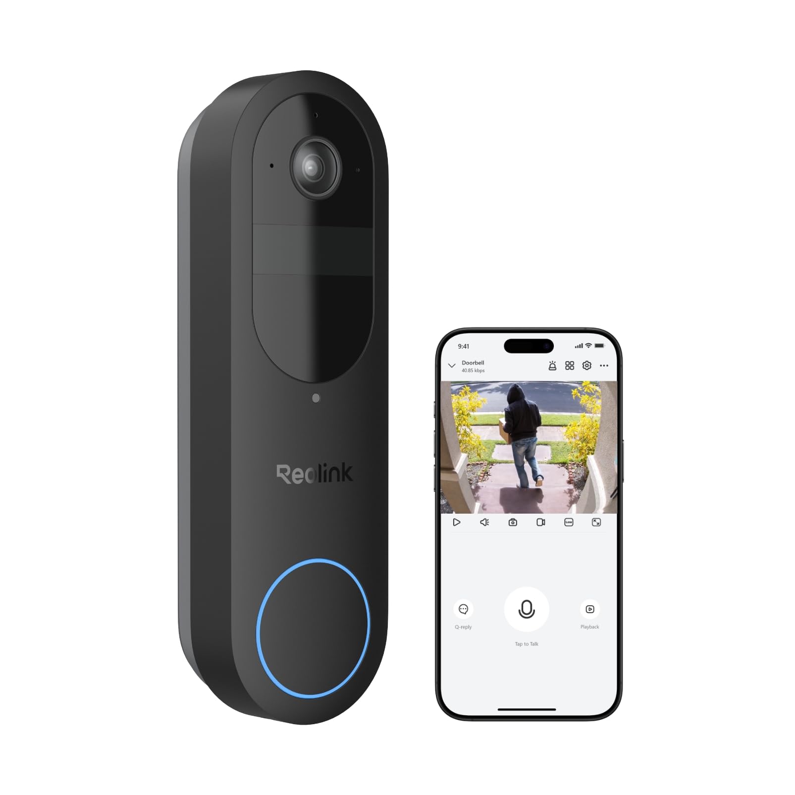 Reolink 2K Timbre Inalámbrico Exterior Impermeable con Camara, Vista de 150°x150°, 2,4/5GHz Wi-Fi, Alimentación por Batería/Cable, Detección de Persona/Vehículo/Paquete, Video Doorbell (Batería)