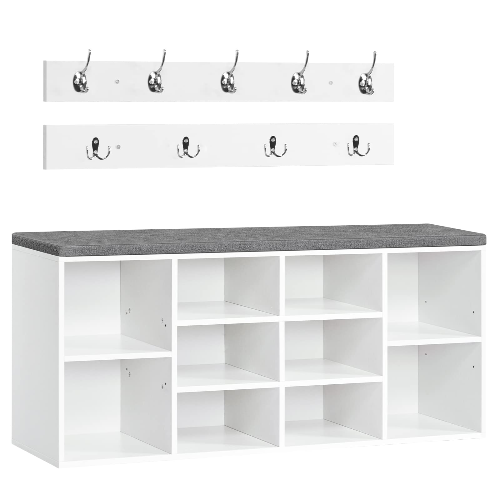HOOBRO Schuhbank mit 10 Fächern, Schuhregal Set, Schuhregal mit gepolsterter Sitzbank mit Stauraum, Wandgarderobe mit 9 Haken, Schuhschrank für Flur, Eingangsbereich, Schlafzimmer EWT110HX01