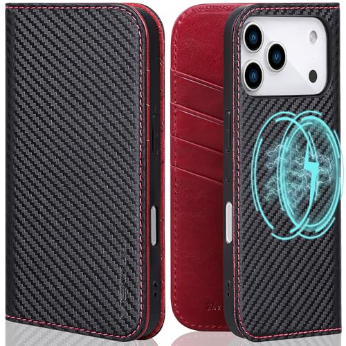 VISOUL Wallet Case Compatible with iPhone 17 Pro Max 6.9" 2025 Matte Carbon Fibre Genuine Leather Magnetic Flip Folio Cover with RFID Blocking, 4 Card Slots, Wireless Charging-Carbon Black+Red