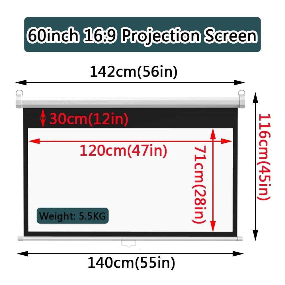72-Calowy 16:9 HD Przenośny Ręcznie Rozwijany, ścienny Sufitowy Ekran Projekcyjny, do Kina Domowego Kino Biuro Film TV Gra(60in(120x71cm))