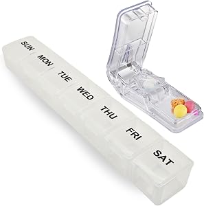 Large Weekly Pill Organizer and Pill Cutter Set, 7-Day Pill Box with Large Compartments and Pill Splitter, Easy to Use & Clean, Clear Lids for Discreet Storage (2-Piece Set) (Clear)