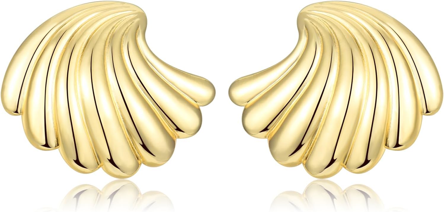 CERSLIMO Seashell Stud Earrings for Women, 14k Gold Plated Seashore Nautical Chunky Earrings Sea Life Beach Summer Jewelry