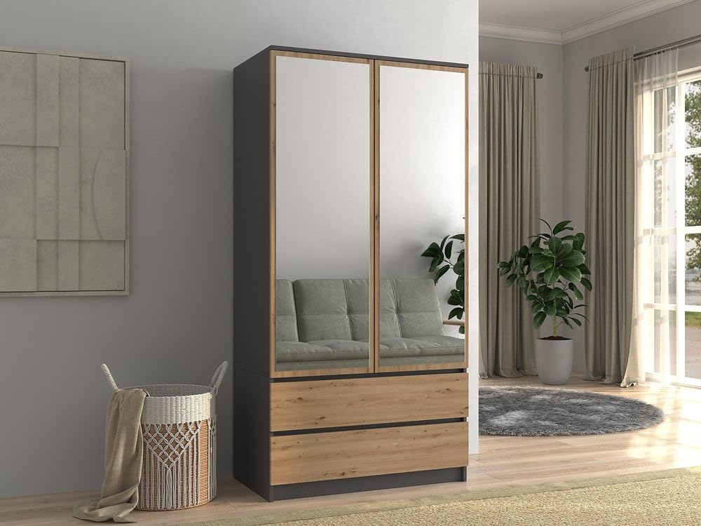 CDF TORINO - Armadio 2 ante con specchio stile moderno camera da letto - 90x50x180 - Ampio spazio di archiviazione - 2 cassetti
