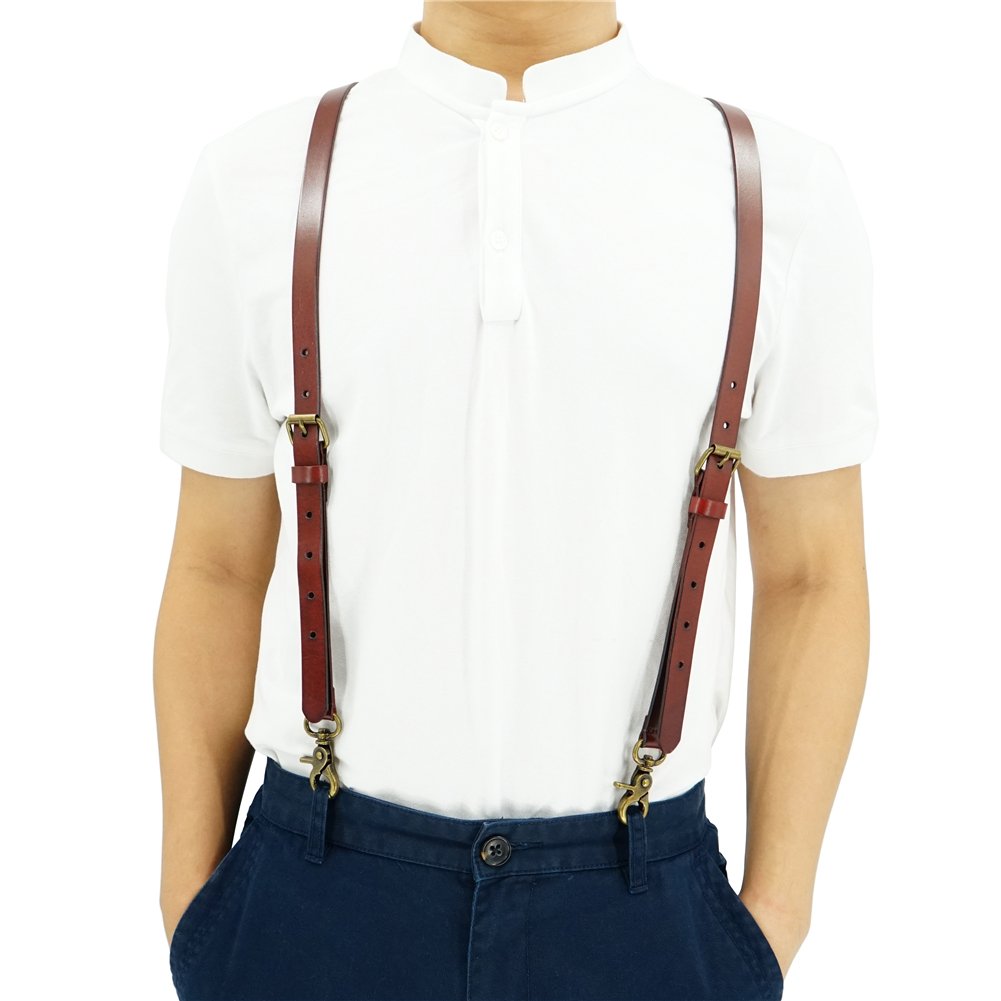 Hosenträger für Herren und Damen, braun, Leder, Y-Form, Karabiner Haken, 1,8cm breit, british, englisch, klassisch Stil