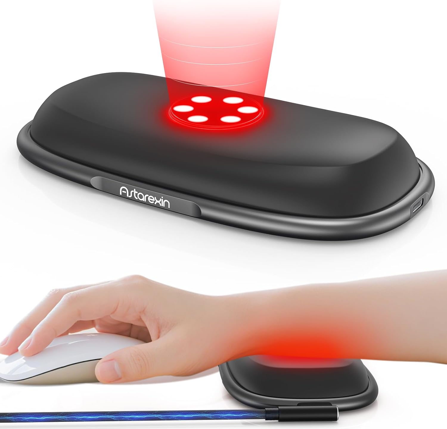 Astarexin Mouse Wrist Rest, Red Light Therapy Wrist Pad for Mouse with 660nm & 850nm, 2-in-1 Ergonomic Silicone Mouse Pad Wrist Support with Sensor, Office Use, Non-Slip Base, USB Powered