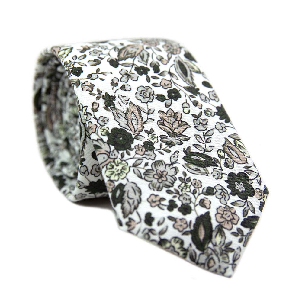 DAZI Men's Skinny Tie Floral Print Cotton Necktie, Great for Weddings, Groom, Groomsmen, Missions, Dances, Gifts.