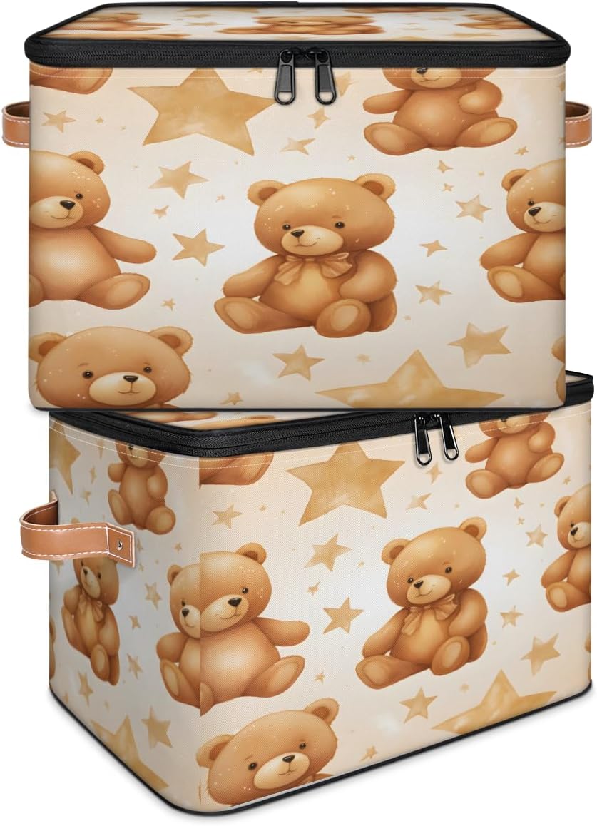 Storage Bin Set of 2 Star Cute Bear Storage Basket with Zipper Lid & Handle Foldable Closet Shelf 2 Pack Cloth Organizer Basket Cube Bins Clothes Organizer for Nursery, Bedroom