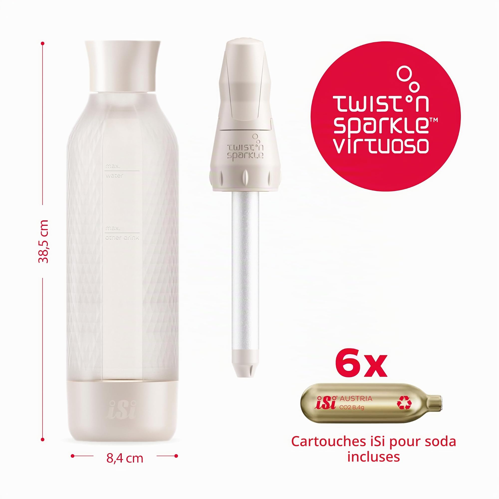 iSi Twist'n Sparkle Virtuoso Machine à gazéifier 0,95 l – Machine à soda pour eau pétillante, jus et cocktails – Machine à gazéifier et à soda avec housse en silicone antidérapante – Machine à eau