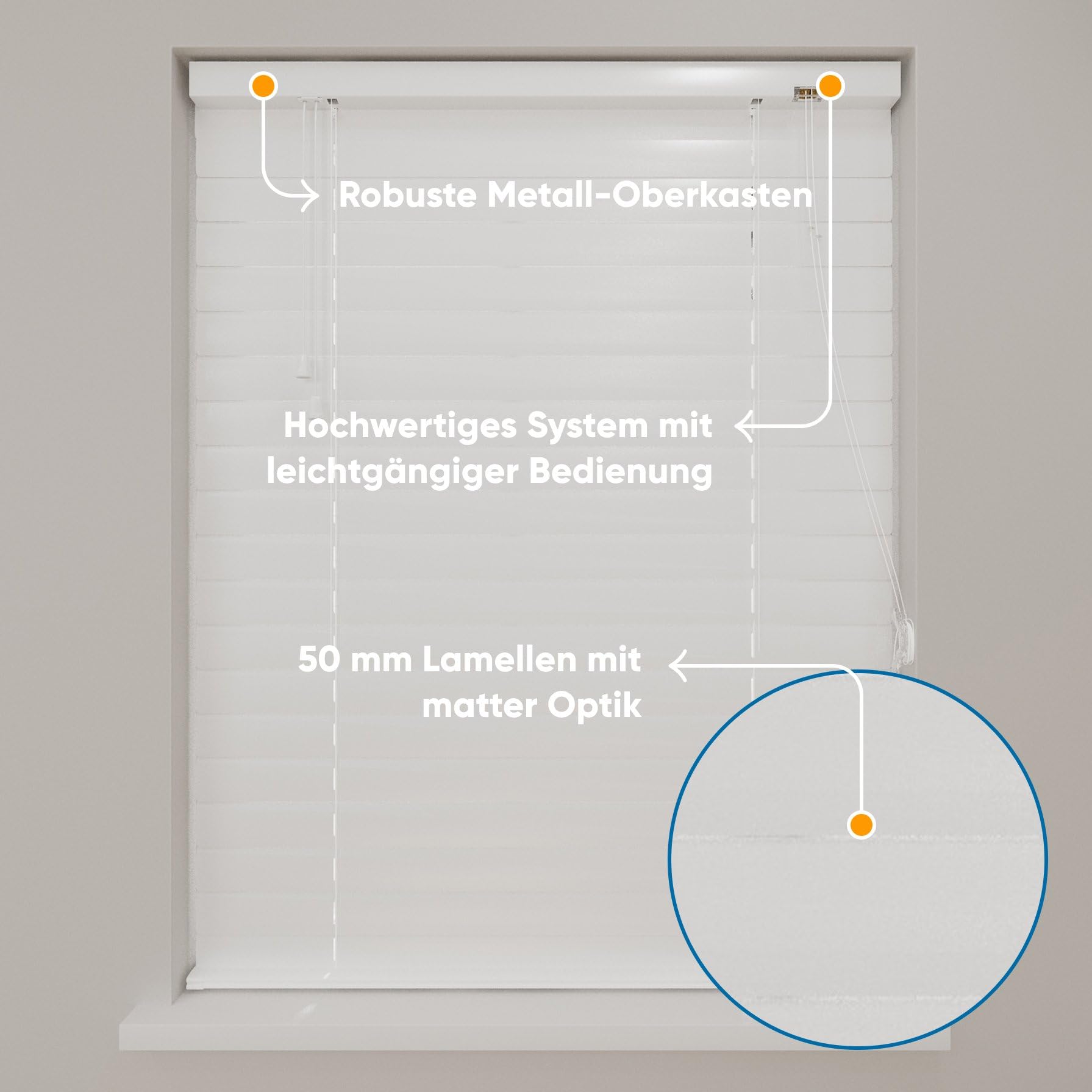 DTCH® Aluminium Jalousie innen, weiß, 110 x 180 cm | 50mm Lamellen, feuchtigkeitsbeständig, mattes Aluminium, Sicht- und Sonnenschutz, Lichtregulierung, Breiten bis 240 cm