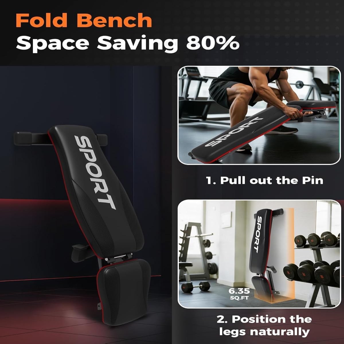 Banco de musculación plegable y ajustable para gimnasio en casa – Capacidad 300 kg – 5 posiciones del respaldo (inclinado, declinado, plano) – Plegado rápido en 2-3 segundos – Ahorro de espacio