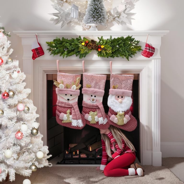 Miniatura 6 de Paquete de 2 medias de Navidad rosas con lentejuelas doradas y rosas de 19 pulgadas, tamaño grande, 3D, Papá Noel, muñeco de nieve, medias de