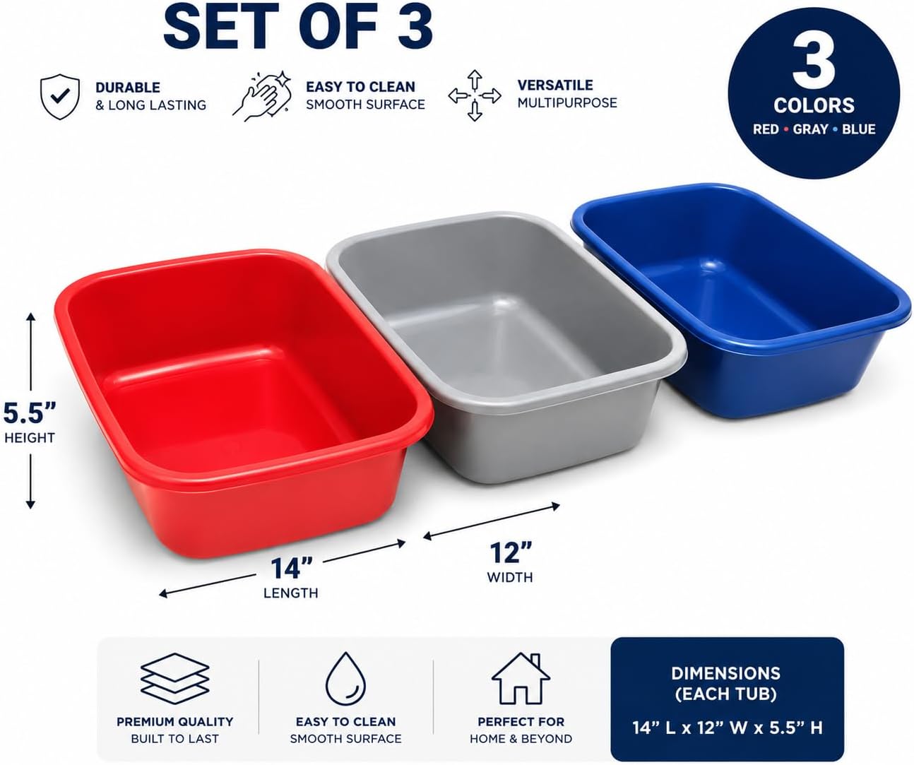 3 Pack Heavy Duty 14-Quart Plastic Dish Pans, Wash Basins & Utility Tubs for Cleaning, Laundry, Storage & Household Use - Red, Gray, Blue