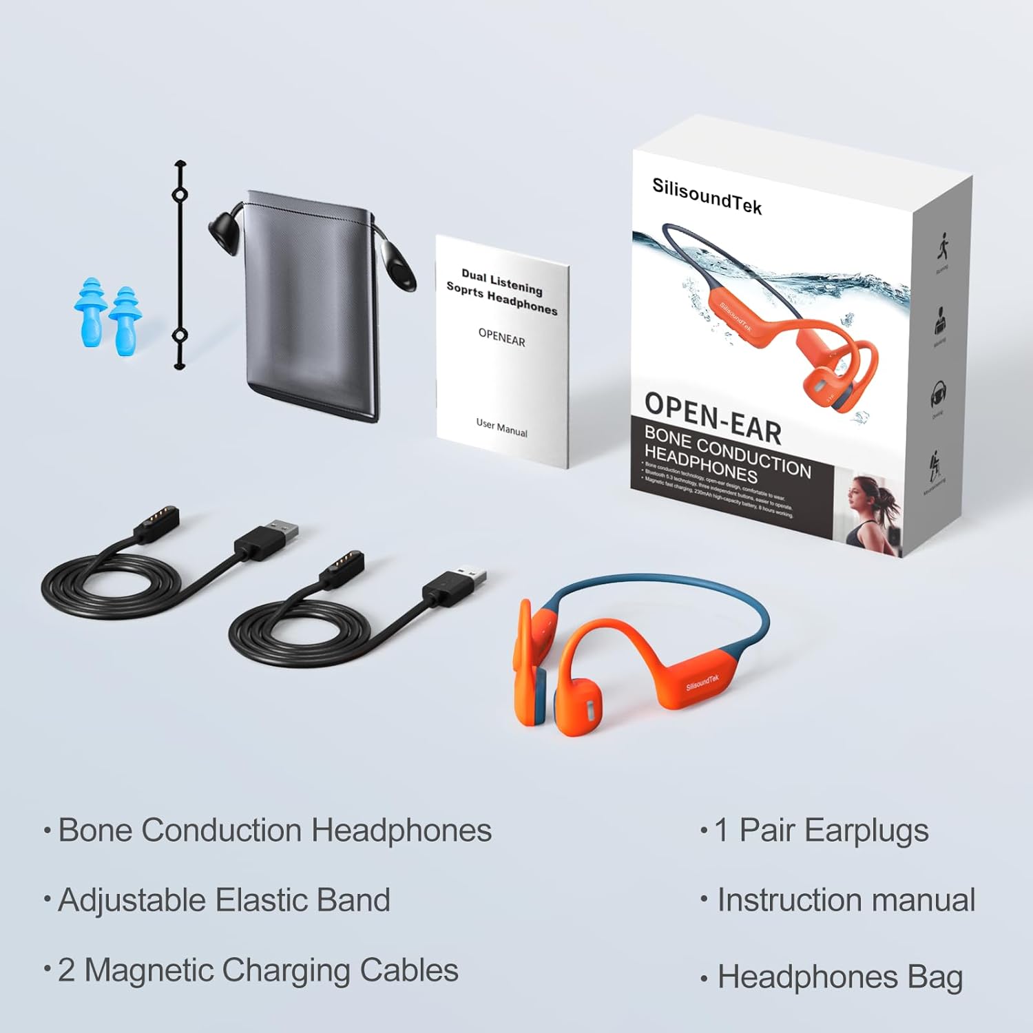 6.0 Bluetooth Swimming Headphones, IP68 Waterproof Bone Conduction Headphones, Liquid Silicone Wireless Open Ear Headphones, Built-in 32GB MP3 Player Underwater Headphone for Running(Orange-gray) - Image 9