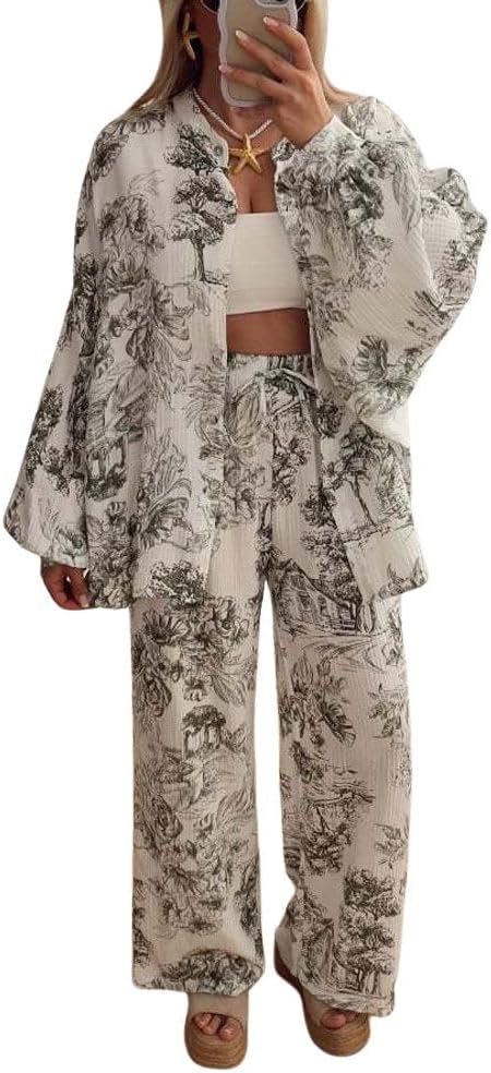 chouyatou Women's Floral Print 2 Piece Outfits Button Down Shirt Wide Leg Pants Casual Lounge Matching Set