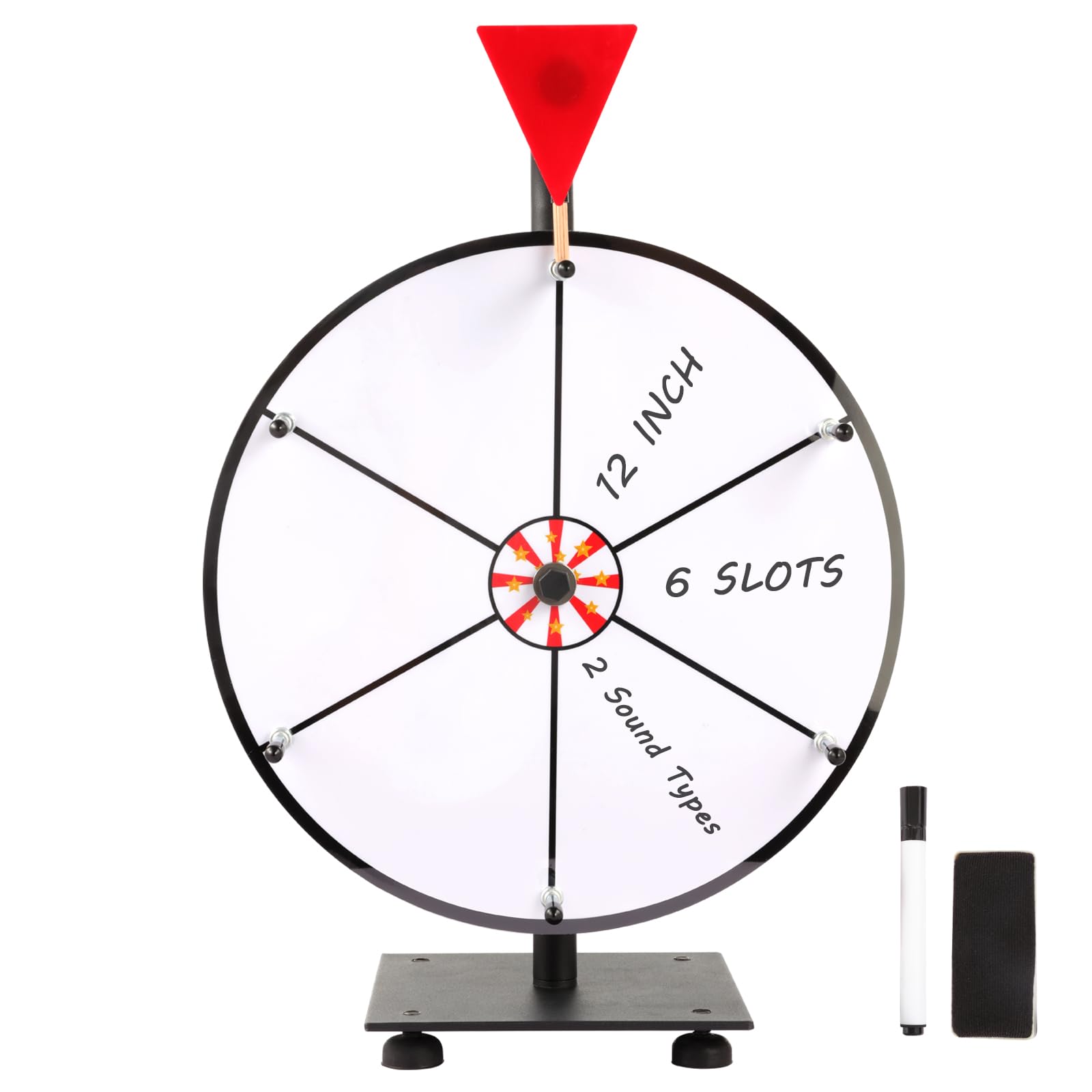 12 Inch Heavy Duty Spinning Wheel with 6 Blank Slots Tabletop Prize Wheel Spinner with Iron Stand, DIY Wheel Dry Erase Markers and Eraser for Carnival Trade Show