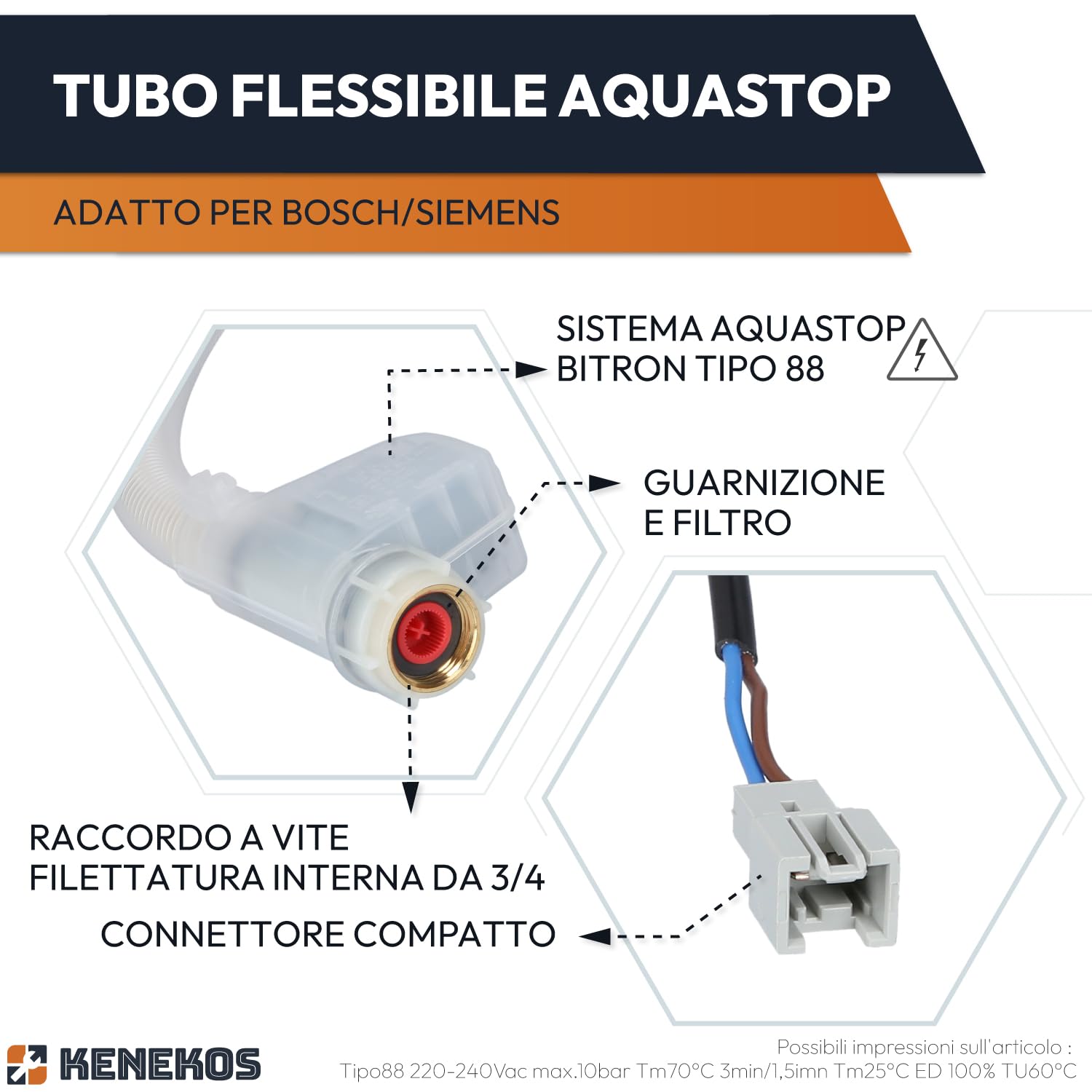 Kenekos - Tubo flessibile Aquastop da 1,68 m compatibile con lavastoviglie Bosch Siemens iQ300 iQ500 iQ700 SuperSilence, tipo BITRON tipo 88 3/4 pollici, sostituto di 00668113/668113