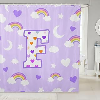 jejeloiu Cute Purple Rainbow Shower Curtain Star Moon Print Bath Curtain Personalized Letter F Bathroom Waterproof Accessories with 12 Hooks Colorful Love Heart Waterproof Polyester,72x72 Inches