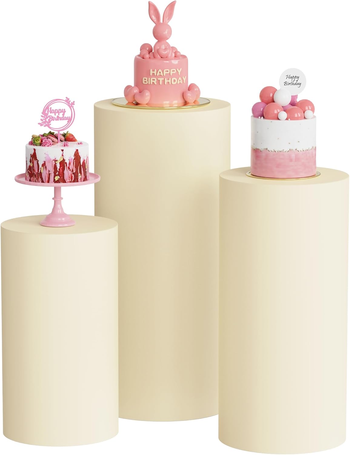 Putros Cylinder Pedestal Covers Beige 3Pcs Spandex Cylinder Plinth Stand Cover for Party Wedding Props Event Decor Set of 3 Beige