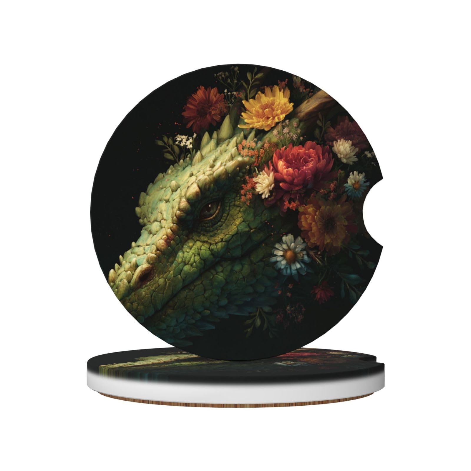 Green Dragon with FlowersArt Ceramic Coasters,2pcs