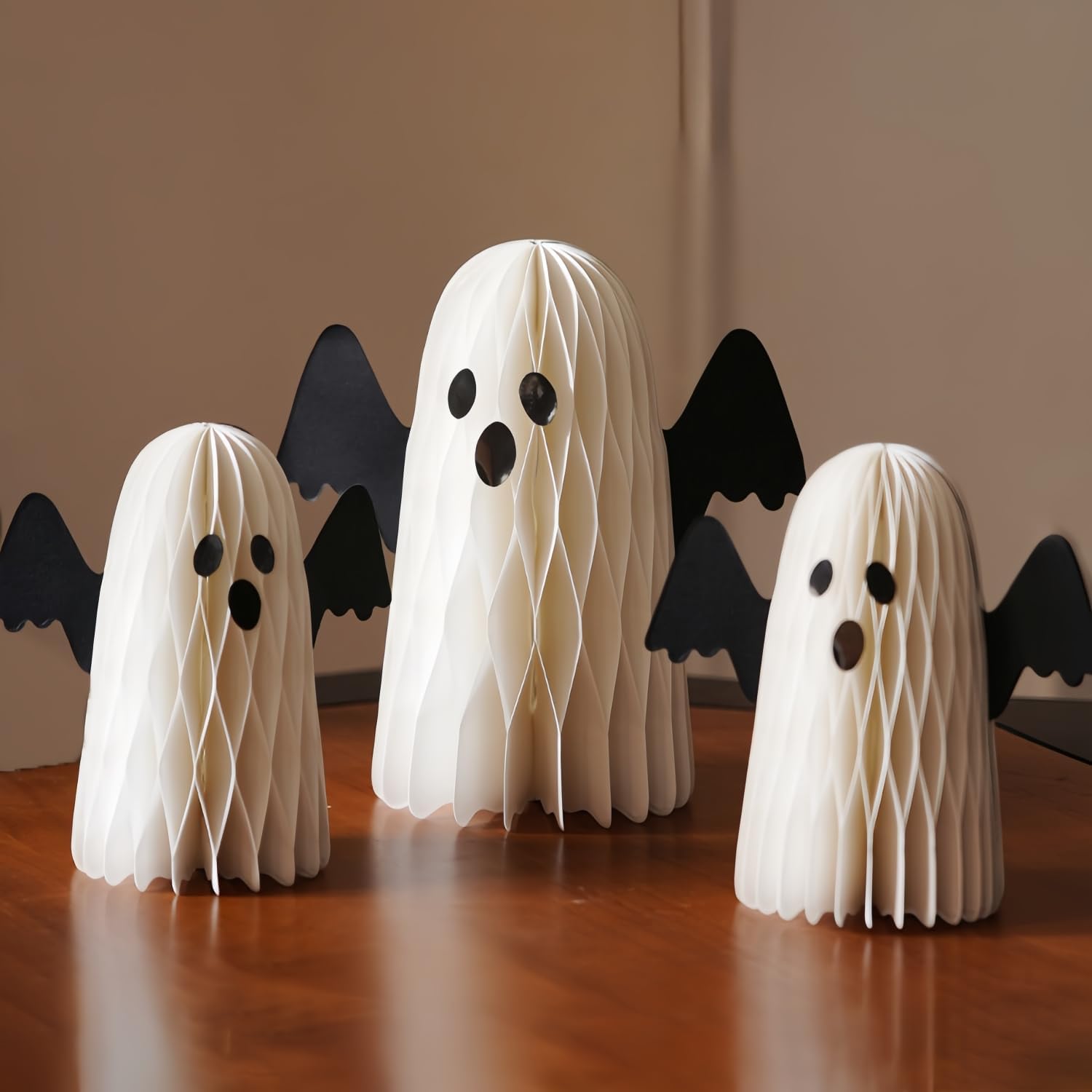 3Pcs Halloween Ghost Paper Decorations, Honeycomb Centerpiece Ghost with Black Wings, Cute Cartoon Party Supplies