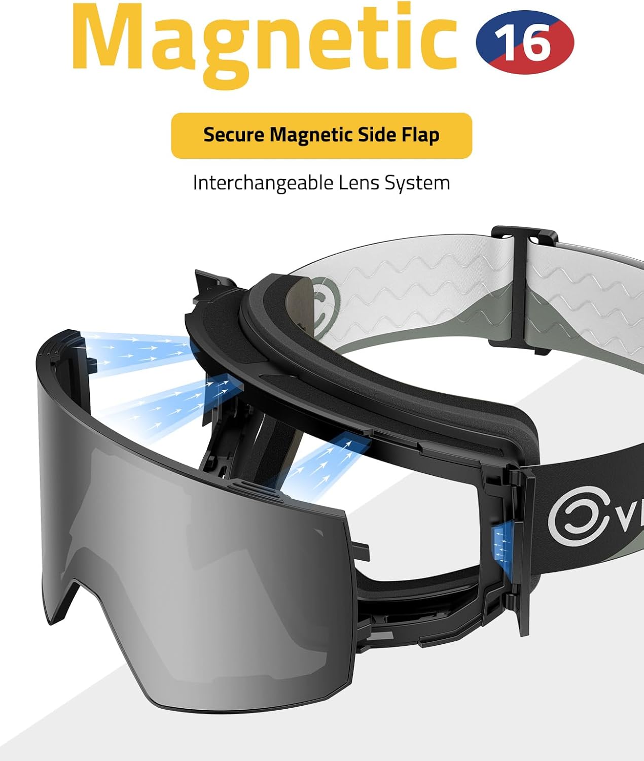 CVLIFE Magnetic Ski Goggles Over Glasses Men Women, Secure Side Flap Snowboard Goggles, Anti-Fog UV Protection Snow Gear