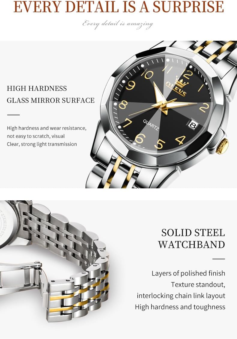 OLEVS Womens Watch Classic Dress Number Female Watches for Ladies Analog Quartz Stainless Steel Waterproof Luminous Day Date Two Tone Easy to Read Wristwatch - Image 4
