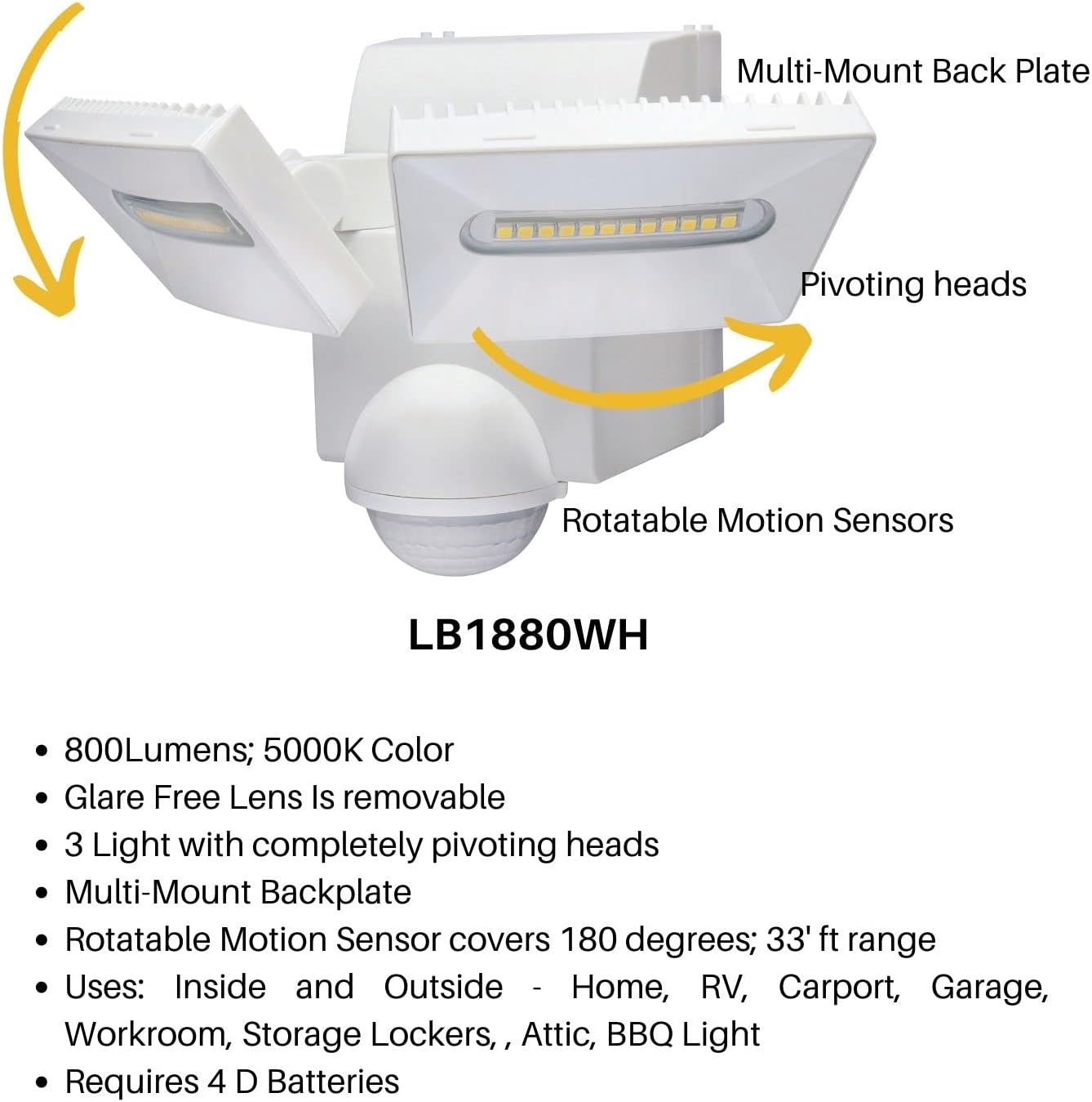 Motion Security Flood Light, Battery Operated Motion Sensor, 800 Lumen LED, Wall or Eave Soffitt Universal Mount Indoor Outdoor Closet Shed Attic Workshop Garage Grill Light WH