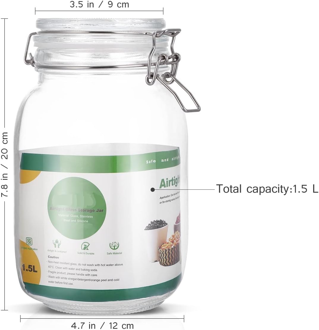 Hemoton Glass Jars With Airtight Lids,2 pcs Wide Mouth Mason Jars with Hinged Lid Clear Storage Canister Jars for Canning,Coffee,Flour,Sugar,Beans 1.5L