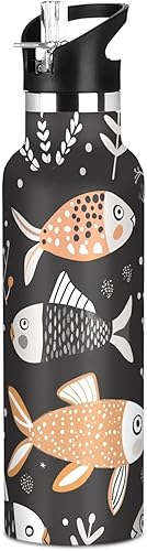 Boho Fish - Botella de agua deportiva ligera con pajilla, doble pared caliente y fría, para deportes, viajes y escuela, botellas de acero inoxidable