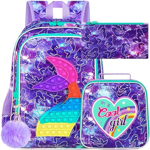 Image of CCJPX 3PCS Mermaid Backpack for Girls, 16 inchKids Water Resistant Elementary Preschool Kindergarten School Bookbag with Lunch Box - Purple
