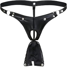 iEFiEL Mens Black Leather Bikini G-String Thong Lingerie with Buckle Pouch Buckled Black LargeWaist27.5-33.0"