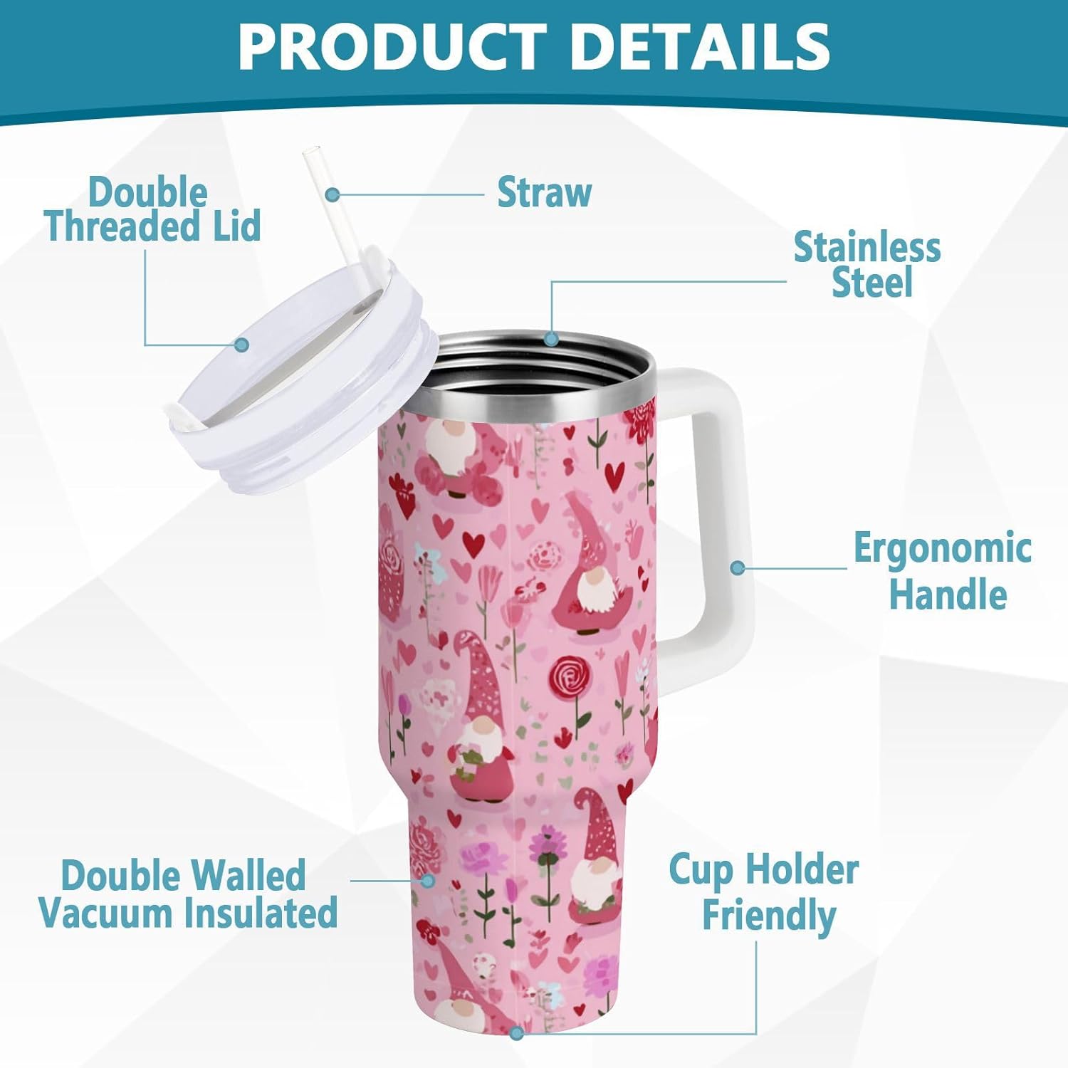 Boccsty Valentine's Day pink Gnome Hearts Insulated Tumblers Reusable Stainless Steel Tumbler 40 oz Cup Coffee Travel Mug Water Bottle with Handle & Flip Straw for Home Office Car