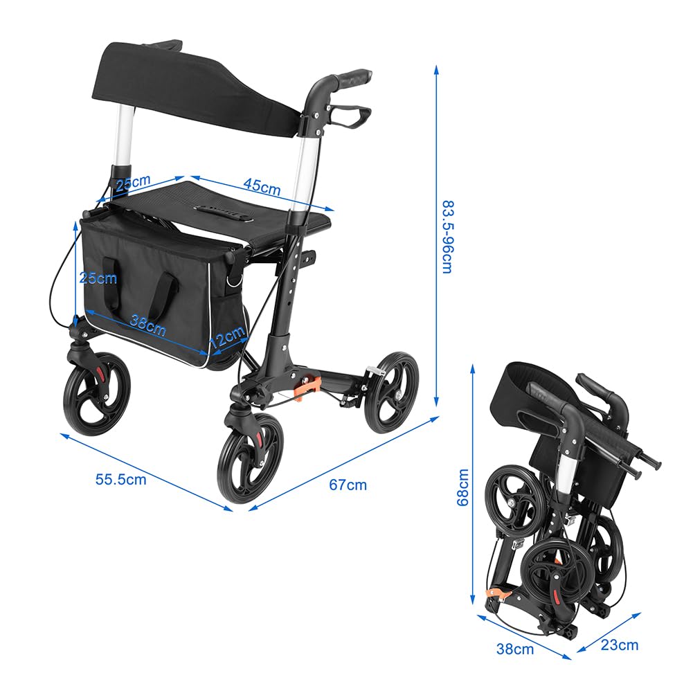 BAKAJI Deambulatore Richiudibile Salvaspazio con Seduta per Anziani, Disabili e Persone con Mobilità Ridotta, Walker con Borsetta e Maniglie Ergonomiche, Assistenza con Freni e Altezza Regolabile
