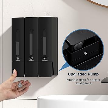 Shampoo and Conditioner Dispenser Wall Mounted, No Drill Shampoo Dispensers for Shower, Shower Gel Dispenser for Bathroom Hotel (3 Chamber-Matte Black)