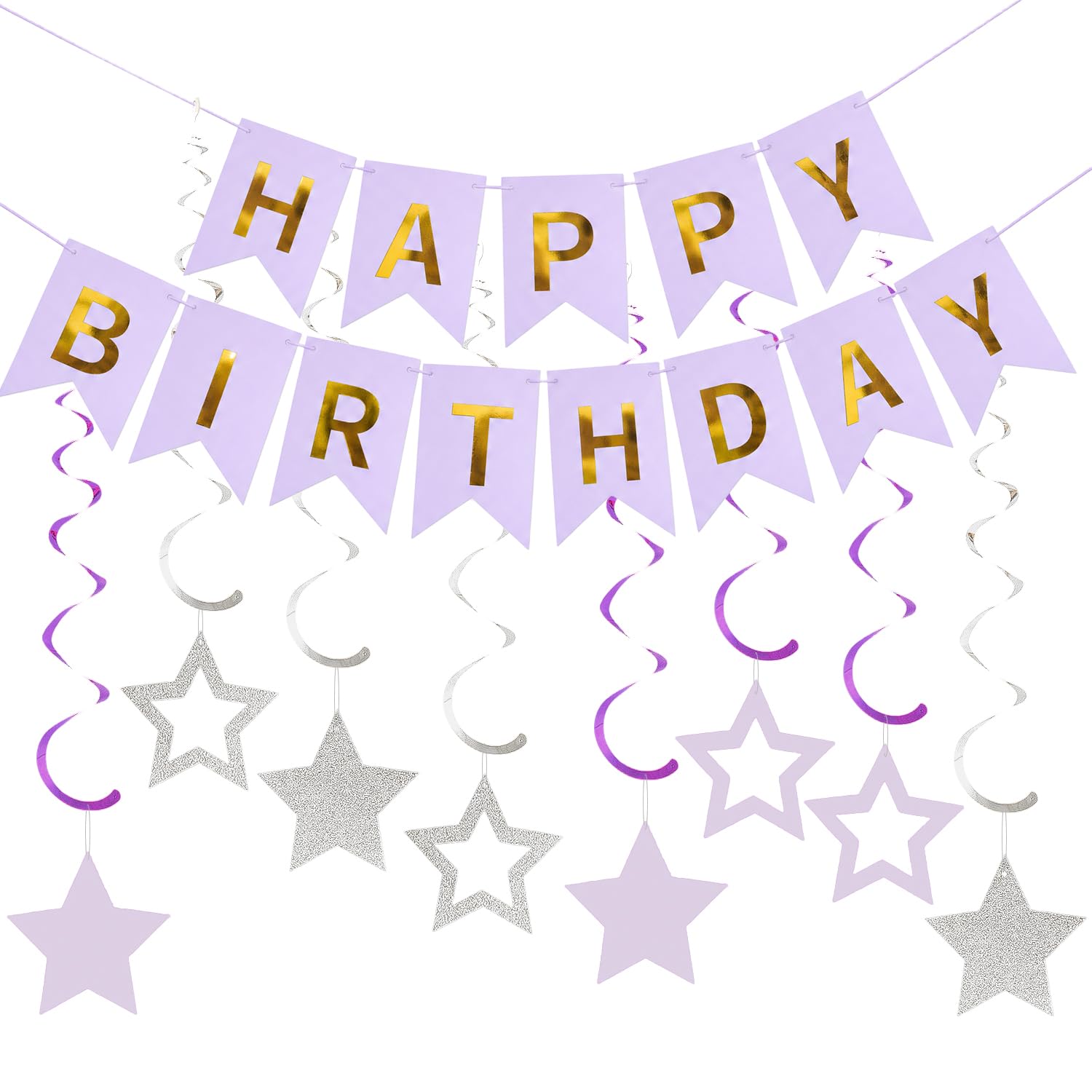 Purple Happy Birthday Banner | Purple Happy Birthday Decorations | Glitter Hanging Stars with Hanging Swirls for Birthday Party Decoration