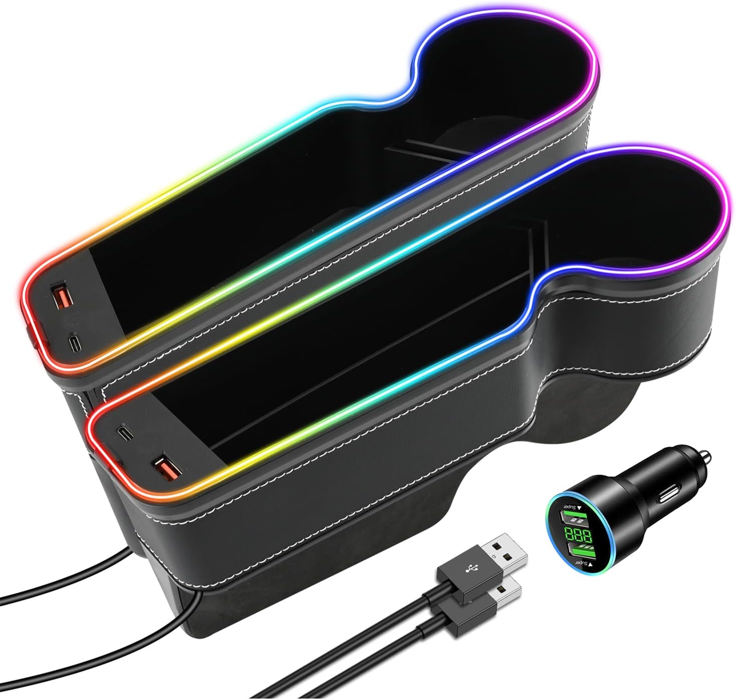 7 Colors LED Car Seat Gap Organizer Front Seat Organizer with 56W Fast Charger Center Console Gap Filler with USB Type C Charging Car Organizer with Cup Holder,LED Auto Interior Accessories (Black)