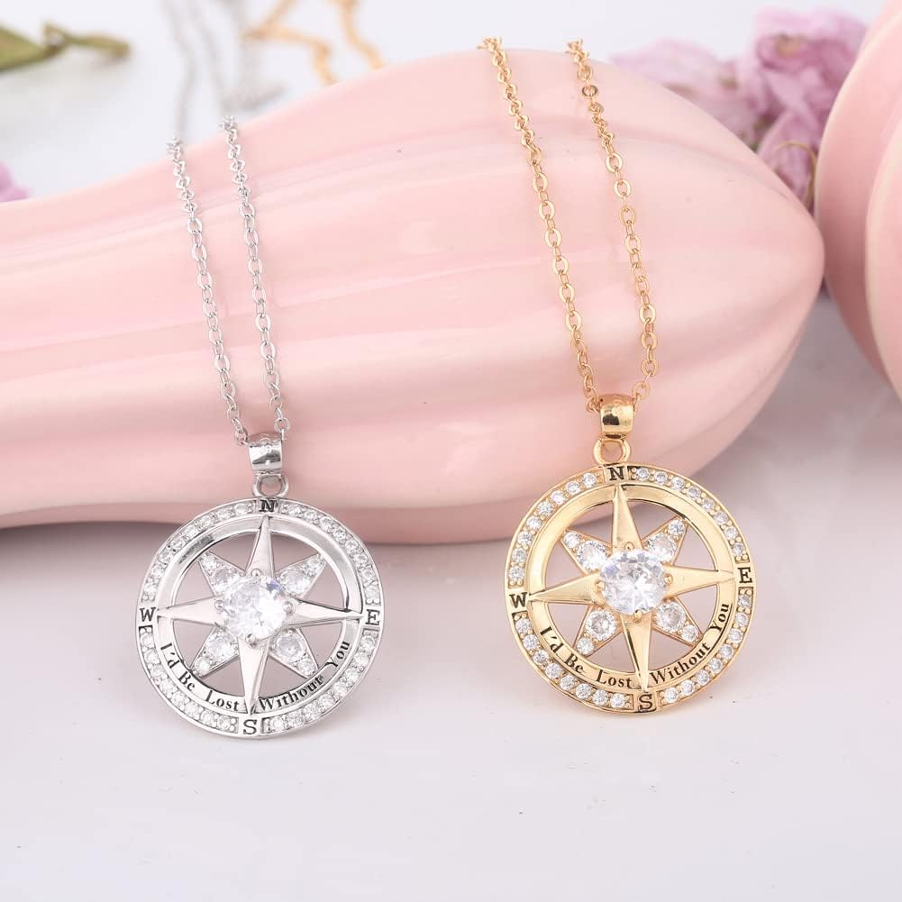 LANE WOODS Compass Necklace for Women: 18K White Gold or 14K Gold Plated 925 Sterling Silver Engraved Disc Charm Round Pendant Necklace for Wife Girlfriend