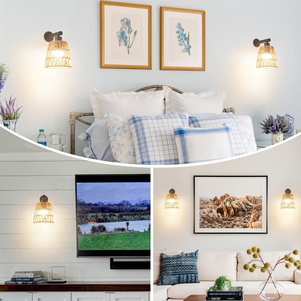 Boho Battery Operated Wall Sconces, Rattan Wall Sconce Set of 2 with Remote, RGB 15 Colors Dimmable Rechargeable Wall Light, Black Indoor Wireless Wall Lamp, Farmhouse Rattan Wall Lighting for Bedroom