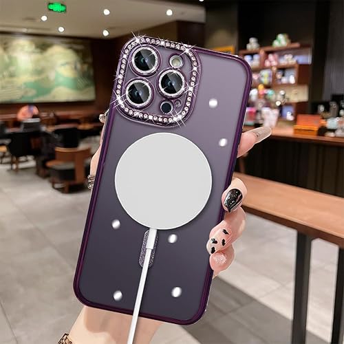 Miniatura 3 de MZELQ Compatible con iPhone 14 Pro Max - Carcasa magnética galvanizada soporte para Magsafe Cubierta de lente de cámara con diamantes brillantes