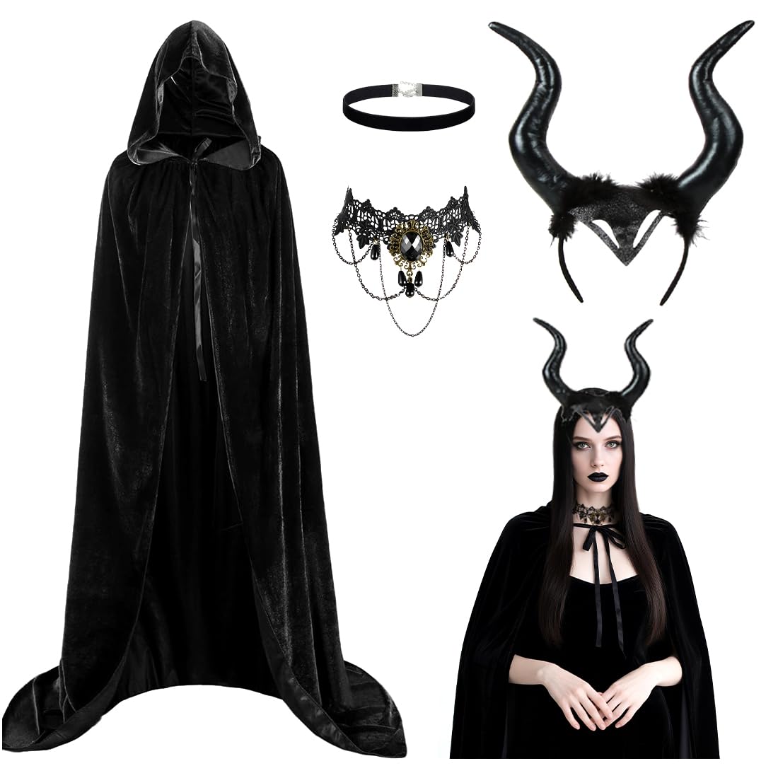 Cadimus Costume de Diable pour Femme,Costume d'halloween pour Femme avec Coiffe de Cornes de Reine,Collier en Dentelle Gothique,Cape d'halloween Noire pour fêtes d'halloween, fêtes costumées Cosplay