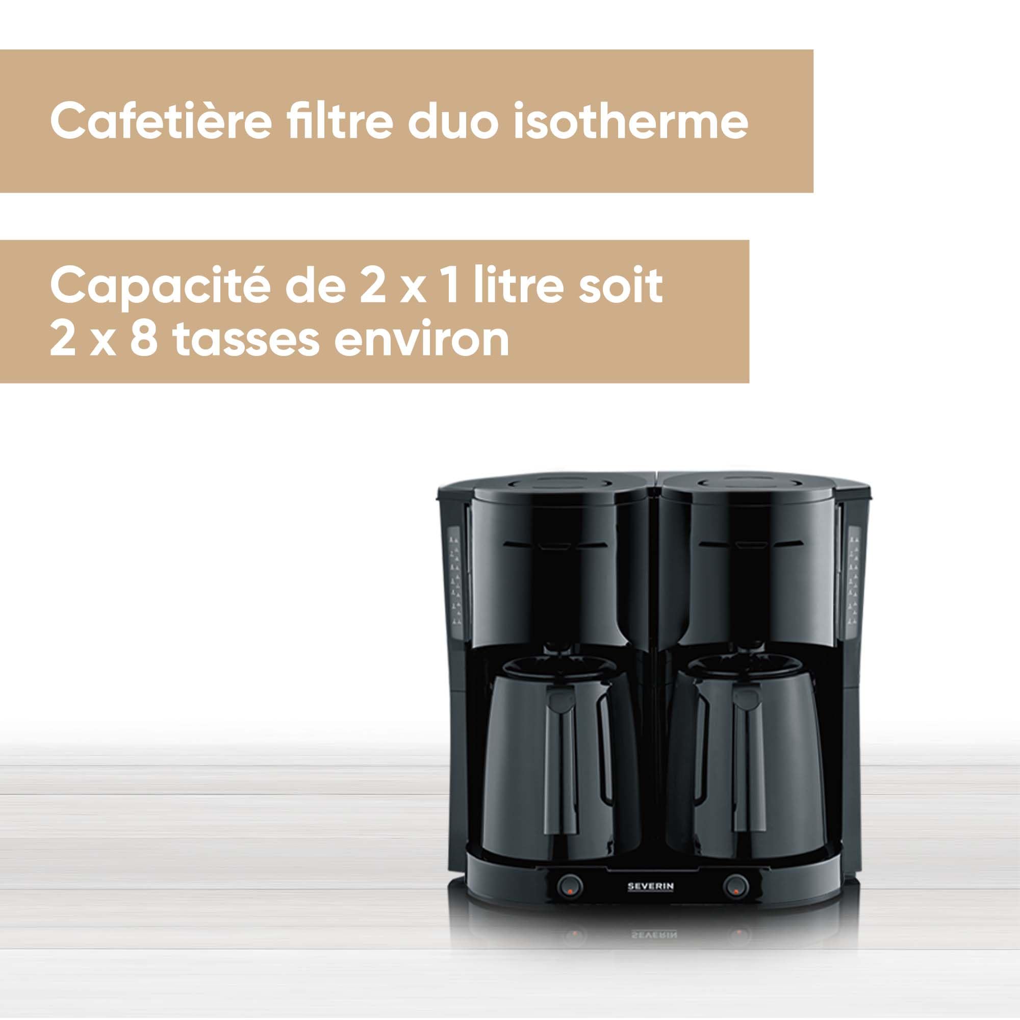 SEVERIN Cafetière Filtre Isotherme Duo, 2 X 1000 W, Jusqu'à 2L soit 16 tasses, 2 verseuses isothermes, 2 filtres pivotants, Noir, KA 9315