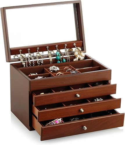 AA Caja organizadora de joyas grande de madera maciza con 3 cajones de almacenamiento y espejo para mujer color marrón