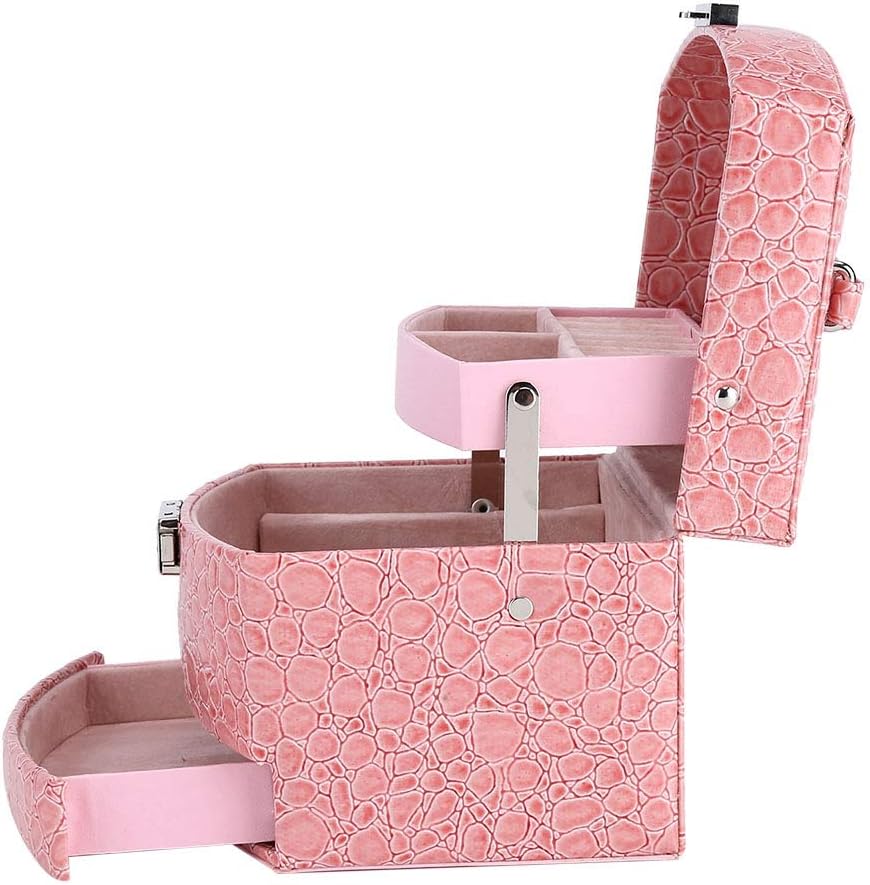 Portable Jewelry Box, Crocodilian Pattern PU Leather 3 Layer Semi Automatic Organizer, with Mirror for Rings Earrings Necklace image 5