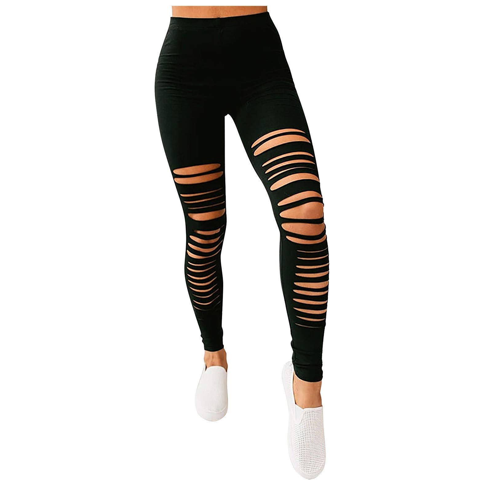 FunAloeBlack Gym Leggings Women High Waist Leggings Wowens Sports Slim Stretch Yoga Pants Hole Leggings Outer Wear Slim Fit Stretch Ripped Leggings Trousers Leggings