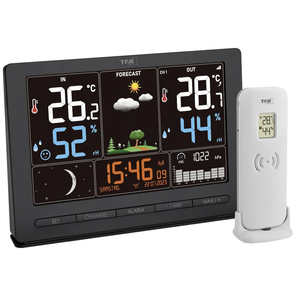 TFA Dostmann Station météoSeason 2, 35.1118.01, avec émetteur extérieur sans fil, prévisions météorologiques, écran couleur, température et humidité, avec phase de lune, noir.