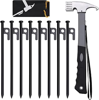 4/8/16pcs Tent Stakes and Hammer Set, 8/10/12/16in Heavy Duty Forged Steel Tent Stakes + Camping Hammer + Storage Pouch, Available in Rocky Place(8pcs 10in Stakes and Hammer)