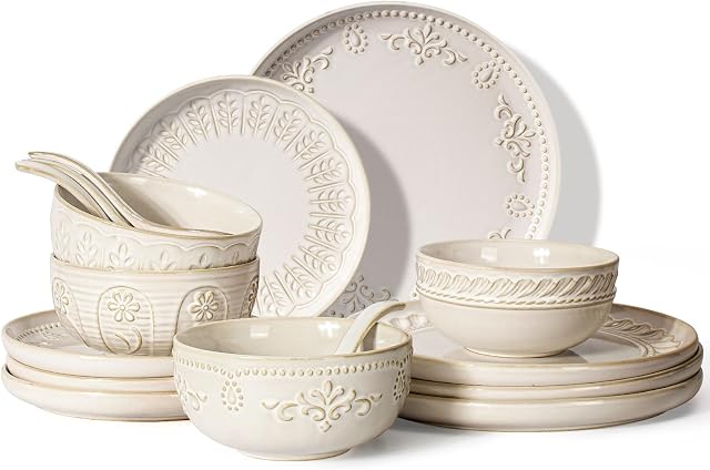 Artena Plates and Bowls Sets, 16 Pieces Dinnerware Sets, Dish Set for 4, Ceramic Kitchen Bowl and Plate Set, Embossed White Dishware Sets, Dishwasher & Microwave Safe (Multiple Patterns)