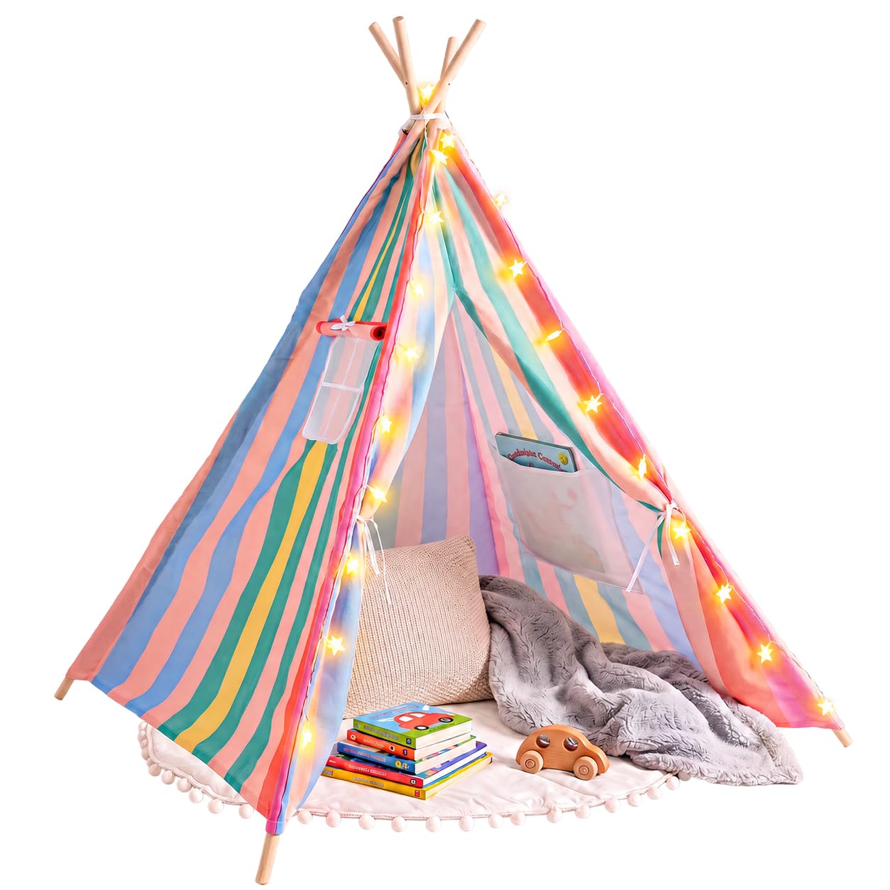 Kids Tipi Play Tent with Rug & Fairy Lights, Cotton, 120 x 120 x 140 cm