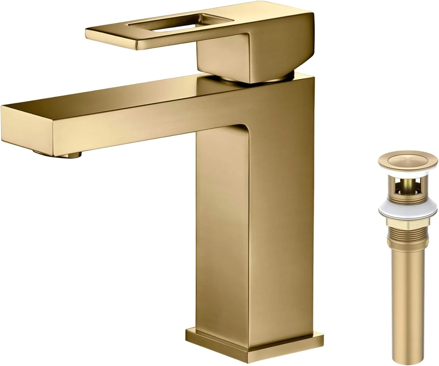 KIBI Solid Brass Single Handle Bathroom Sink Faucet with Pop-Up Drain, High Arc Cubic Spout Lavatory Faucet in Brushed Brass | Corrosion-Resistant, Modern Design (Brushed Brass, KBF1002)