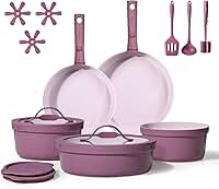 CAROTE Conjunto de Panelas e Frigideiras de Cerâmica com 21 Peças, Antiaderentes, para Indução, com Cabo Removível, Ideal para Cozinhas de Trailers, Atóxicas, Livres de Pfas e Pfoa, Na Cor Roxa.